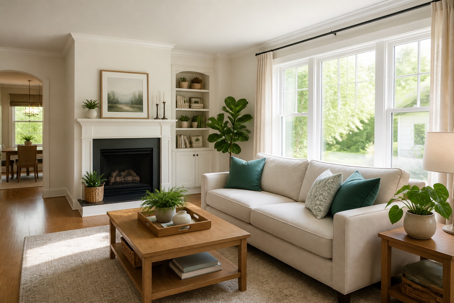 Bright, clean living room with natural daylight and Georgia greenery outside