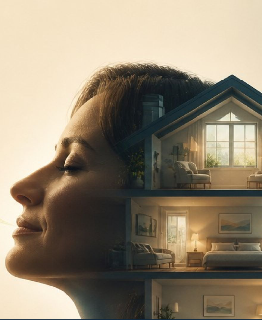 A person breathing comfortably with a clean home represented within the image